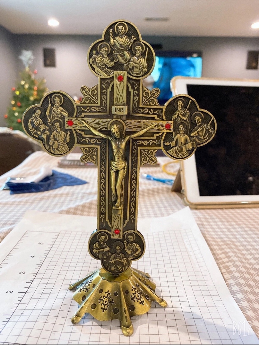 Ornate Brass Crucifix with Red Accents